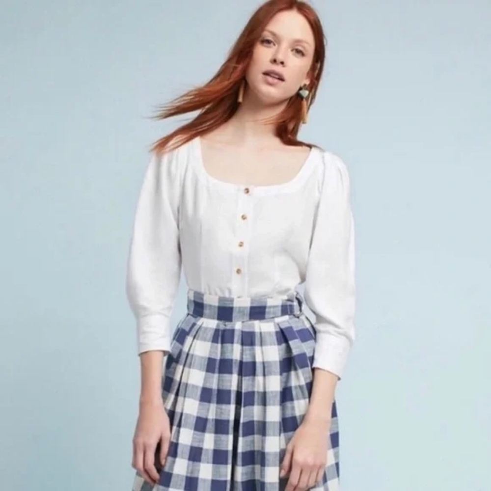 Anthropologie Maeve Solange White Linen Blend Puff Sleeve Blouse, Size 2